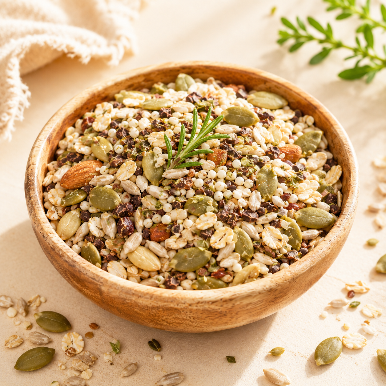 Bol cu mix TerraMia Focus & Productivitate din semințe coapte, fulgi, cacao, plante aromatice și ingrediente naturale.
