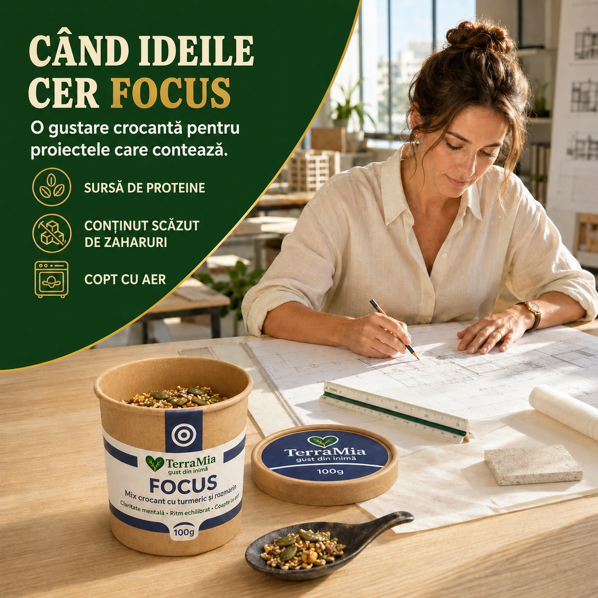 Focus — Gustare crocantă cu turmeric, rozmarin și cânepă
