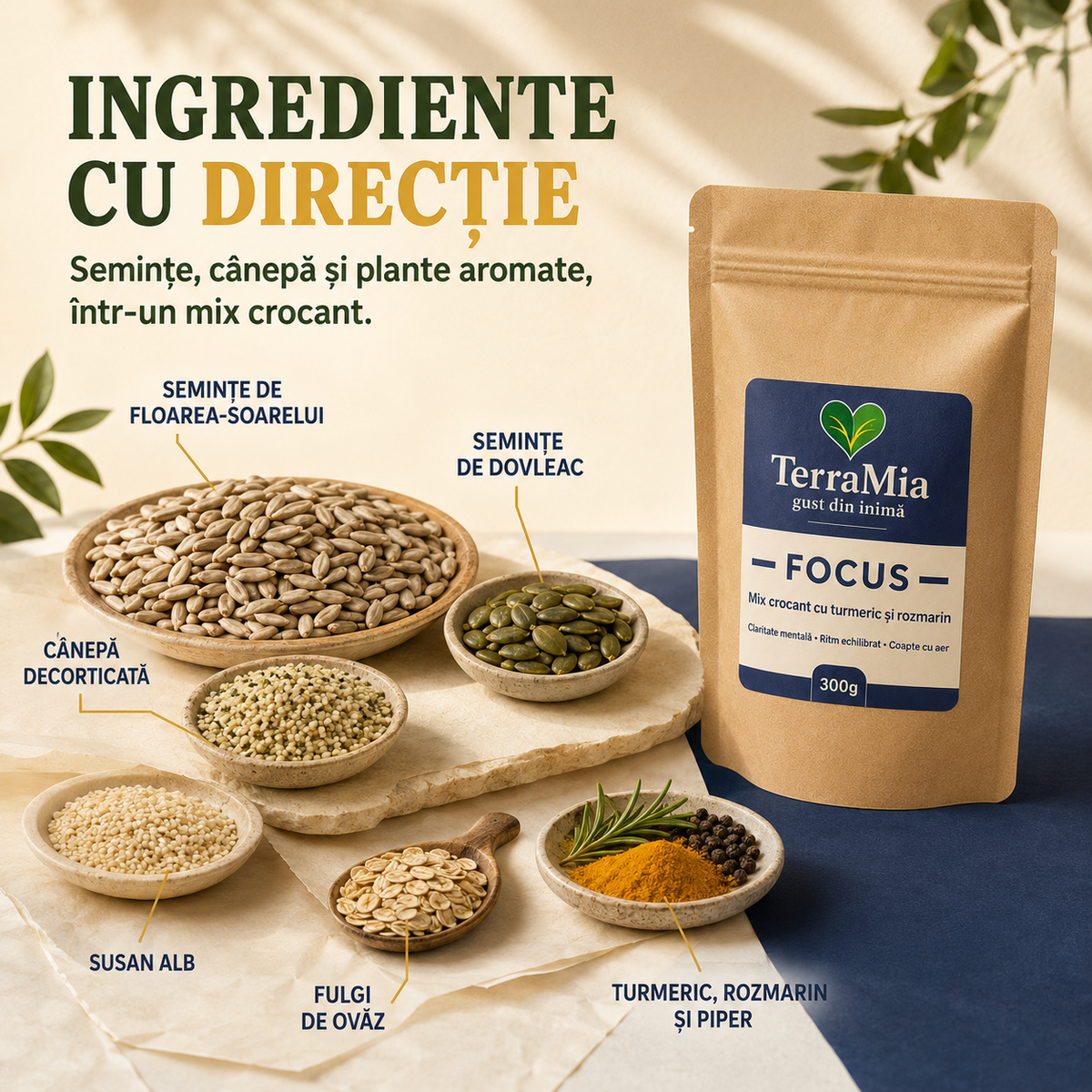 Focus — Gustare crocantă cu turmeric, rozmarin și cânepă