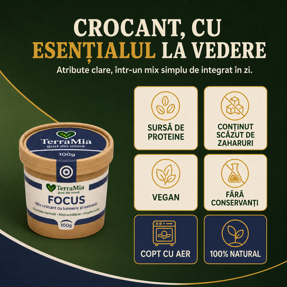 Focus — Gustare crocantă cu turmeric, rozmarin și cânepă