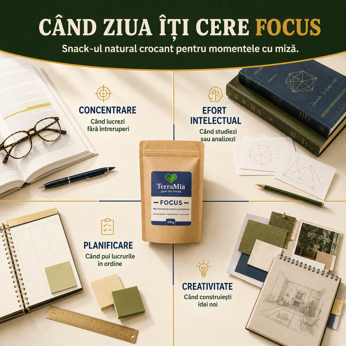 Focus — Gustare crocantă cu turmeric, rozmarin și cânepă