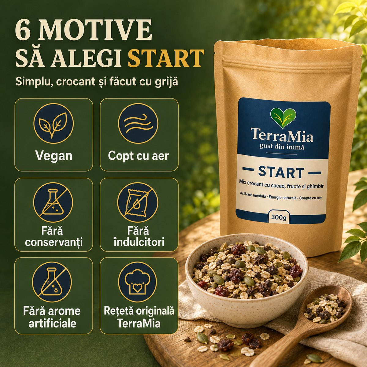 Start — Mix crocant cu cacao, merișor și ghimbir