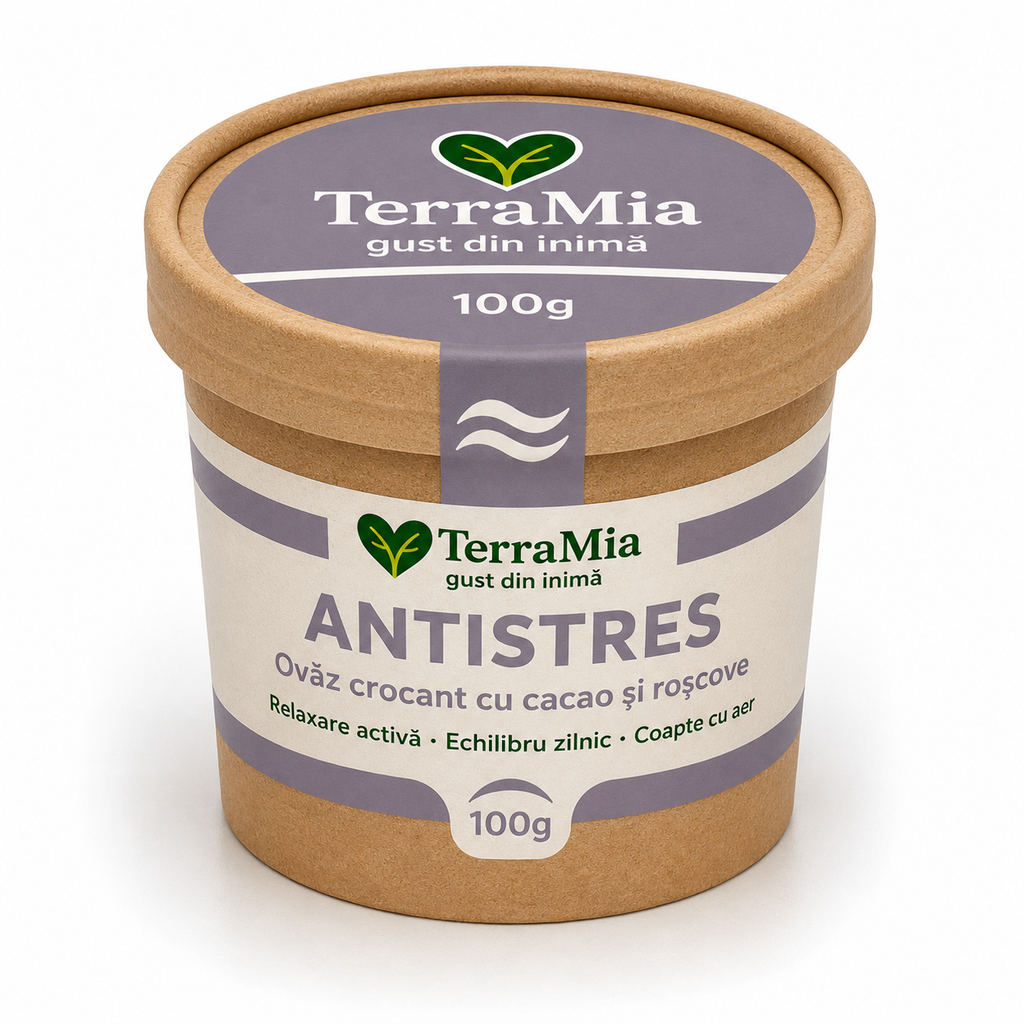 TerraMia Antistres 100g – mix crocant cu ovăz, cacao și roșcove