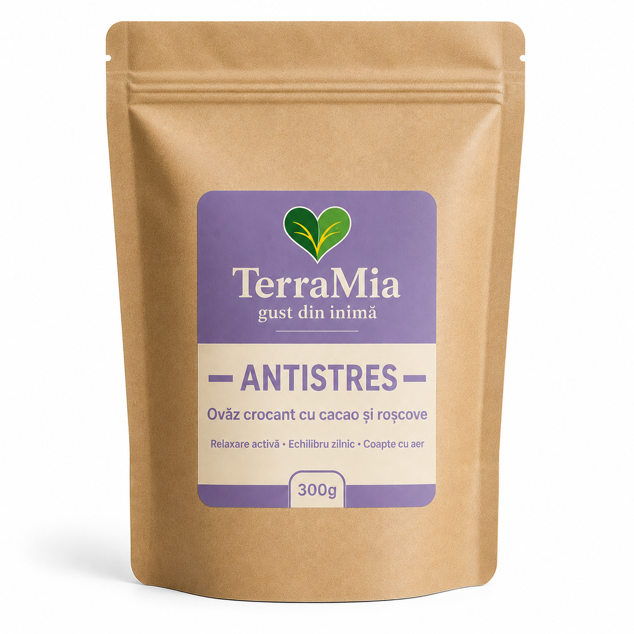 TerraMia Antistres 300g – mix crocant cu ovăz, cacao și roșcove