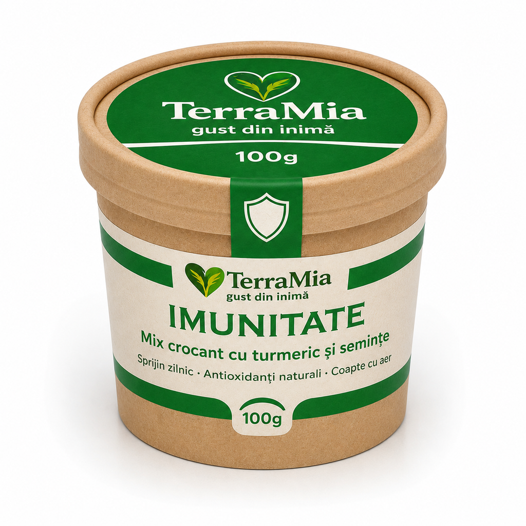 Produs TerraMia Imunitate, mix crocant din semințe coapte, turmeric și goji, ambalat în bol kraft de 100 g.