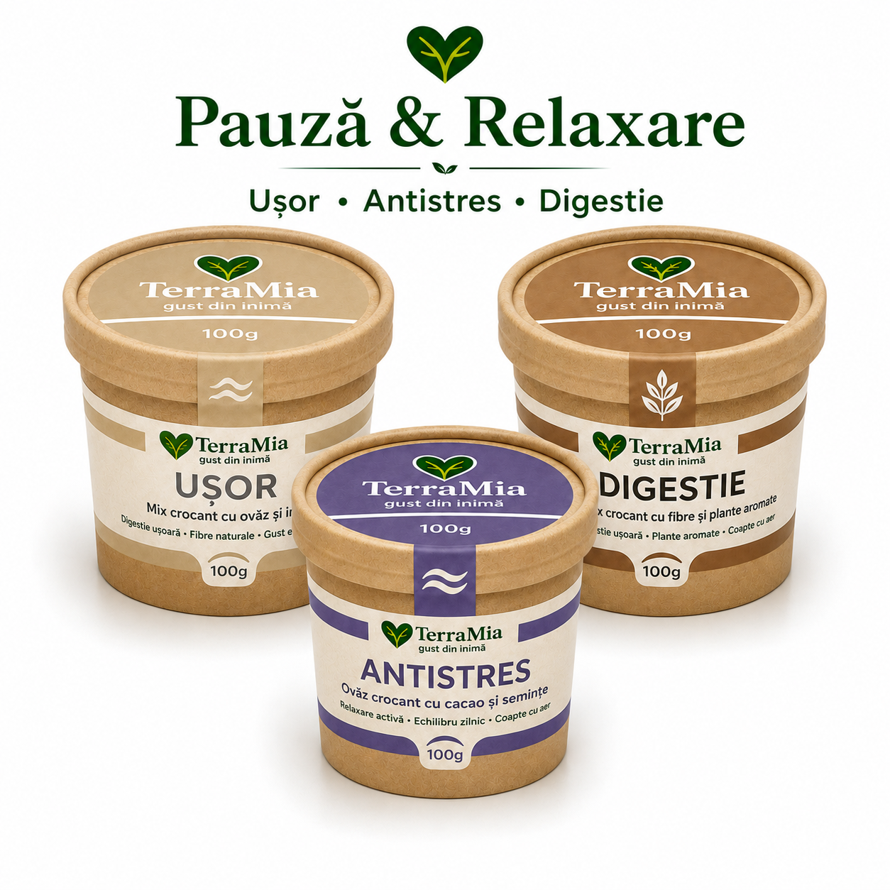 Pachet TerraMia Pauză & Relaxare 3 x 100g cu Ușor, Antistres și Digestie