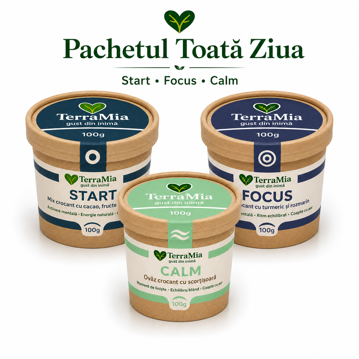 Pachetul TerraMia Toată ziua 3 x 100g cu Start, Focus și Calm