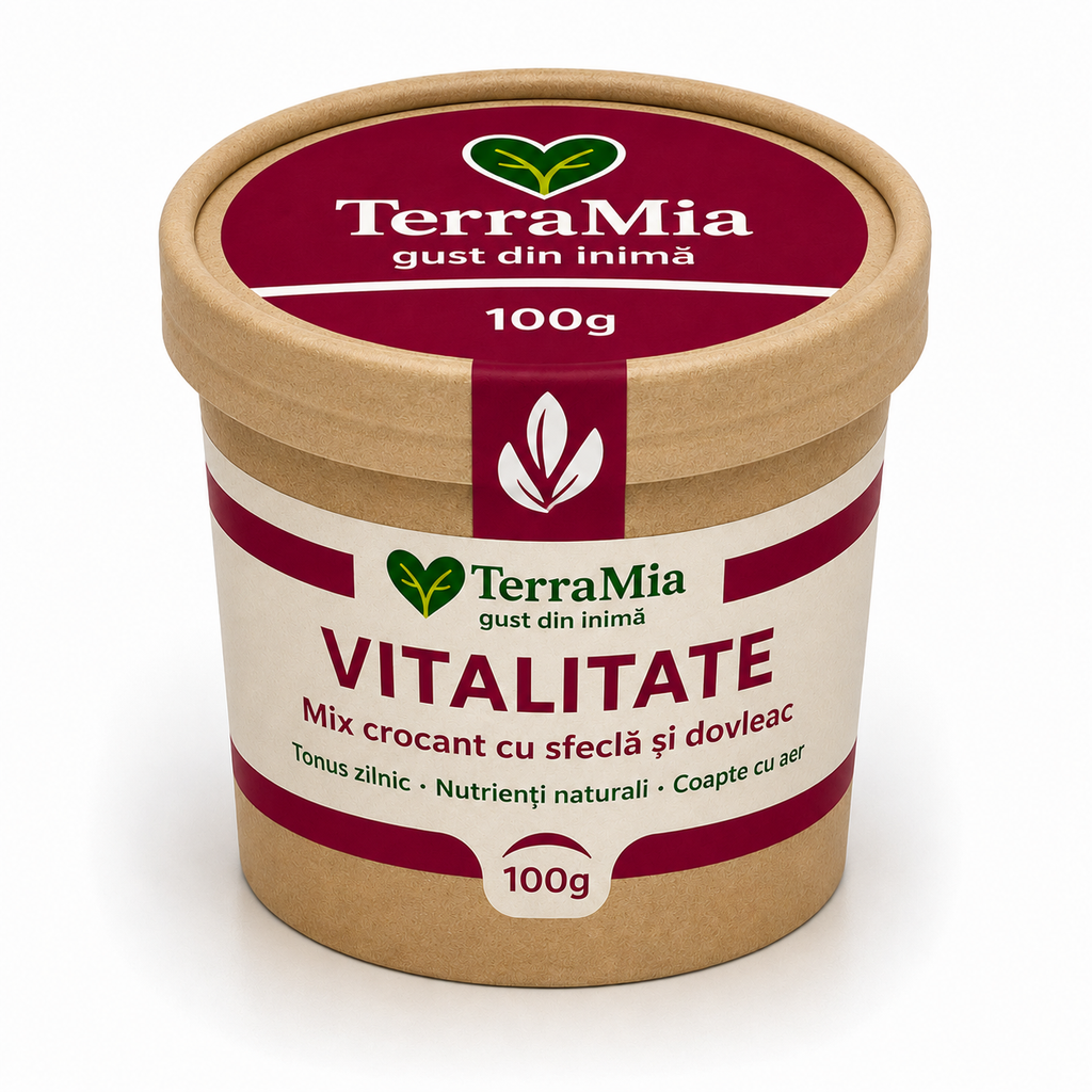 Produs TerraMia Vitalitate, mix crocant din semințe coapte, sfeclă, goji și merișoare, ambalat în bol kraft de 100 g.